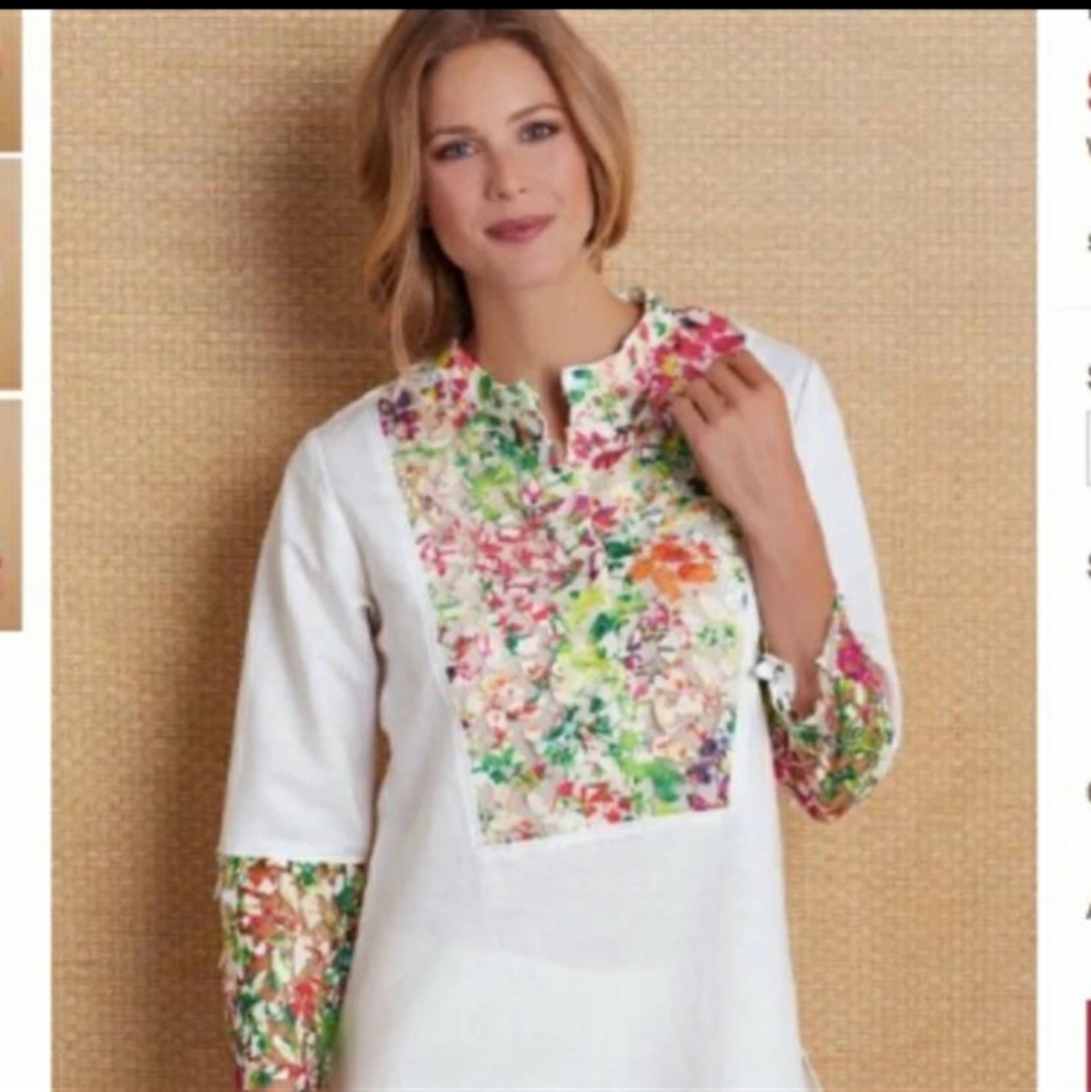Soft Surroundings Linen Garden Tunic Top, M, Colorful Lace Panels, EUC
